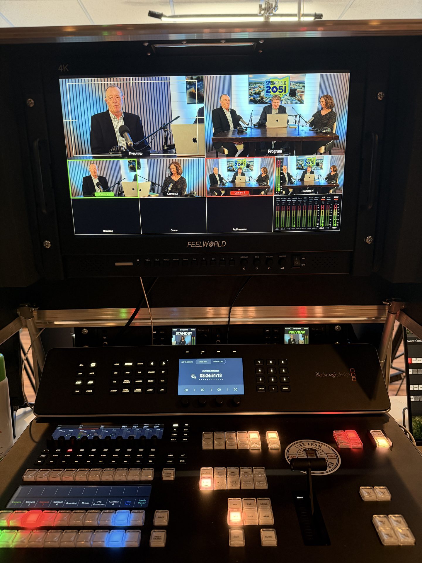 Close-up of Blackmagic switcher and Feelworld monitor showing multi-camera feeds